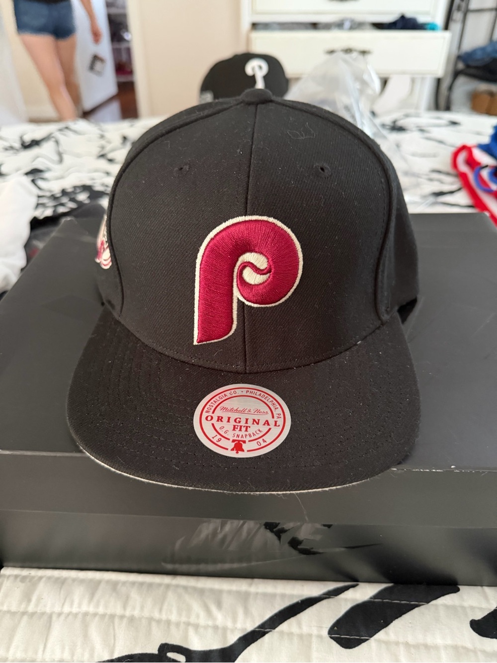 Mitchell & Ness Black Snapback Hat with Maroon & White Phillies 'P'